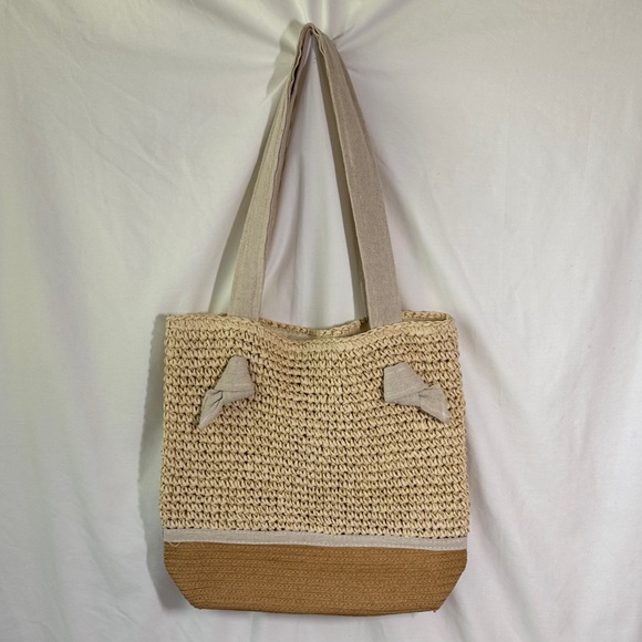 Chic Woven Beige and Tan Tote Bag - Picture 1 of 5